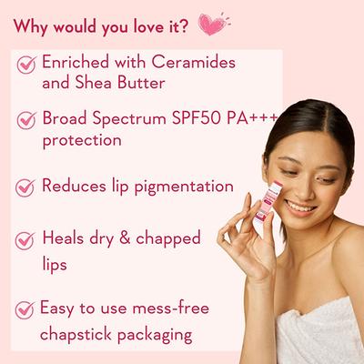 WishCare Tinted Ceramide Lip Balm with SPF50 PA+++ - Kojic Acid & Niacinamide - For Lip Lightening 5 gm - Lip Balms