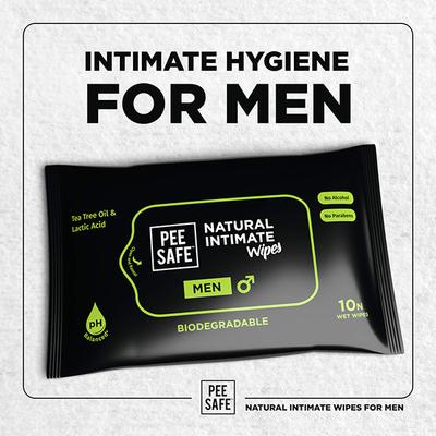 Pee Safe Biodegradable Natural Intimate Wet Wipes with Tea Tree Oil and Lactic Acid for Men 10's - Tissues & Wipes