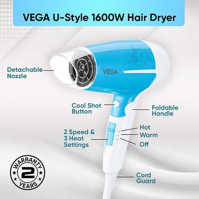 Vega U Style 1600W Foldable Hair Dryer for Women & Men with 2 Speed 3 Heat Settings, (VHDH-32) 380 g - Hair Dryers