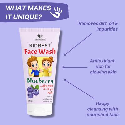 HealthBest Kidbest Face Wash - Blueberry Aloe Vera (3-13yrs) 100 ml - Baby Skin Care