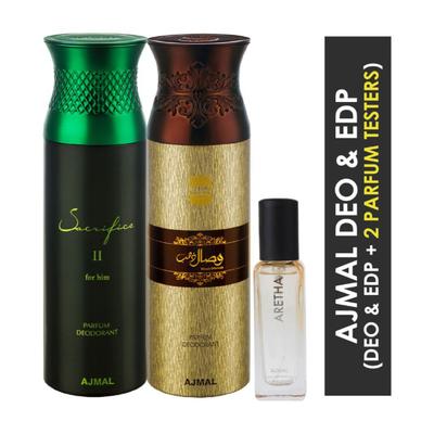 Ajmal Sacrifice Ll Him & Wisal Dhahab Each Of Deo & Aretha EDP Pack Of 3 For Men & Women 420 ml - Perfumes (Edt/Edp)