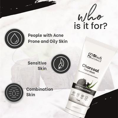 Globus Naturals Anti Pollution Charcoal Face Wash, Enriched with Tea Tree Oil, for Oily and Acne Prone Skin, 75gm each 2's - Face Wash & Cleansers