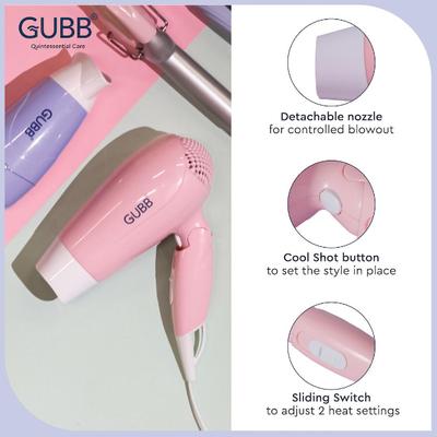 GUBB Foldable 1600 Watts Hair Dryer with Hot and Cool Settings & Detachable Nozzle - (GB-163) Pink 1's - Hair Dryers