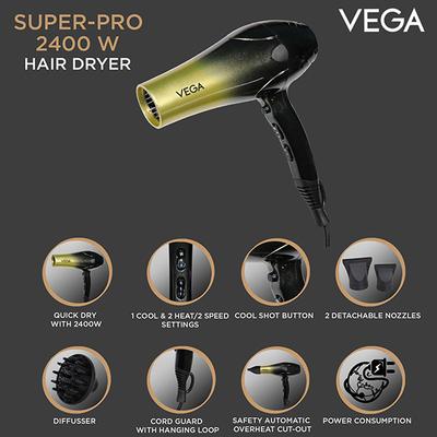 Vega Super Pro 2400w Professional Hair Dryer with Cool Shot (VHDP-04) Black 1's - Hair Dryers