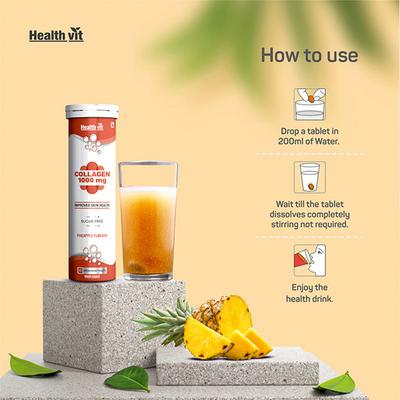 Healthvit Collagen 1000 mg Sugar Free Effervescent Tablet - Pineapple Flavour 10's - Hair & Skin