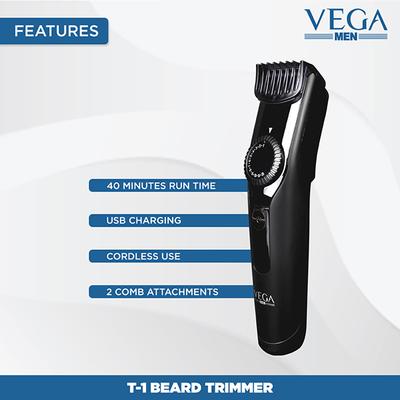 VEGA Men T1 Beard Trimmer For Men With 40 Mins Run Time, Usb Charging & 23 Length Settings (VHTH-18 Black) 1 gm - Trimmers