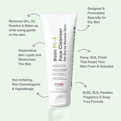 Cos-IQ FC 2 Face Cleanser for Dry Skin Hydrating Face Wash with Salicylic Acid 2 percent ww Non Comedogenic Non Irritating Formula for unisex 100 ml - Face Wash & Cleansers