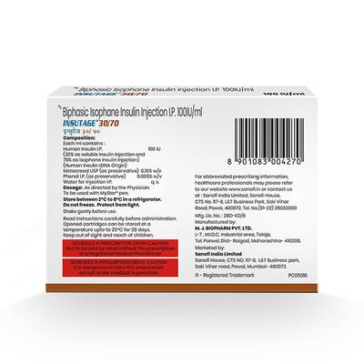 INSUTAGE 30/70 100iu Cartridge 5x3ml - Diabetes-Ins