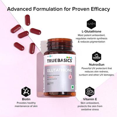 Truebasics Glutathione with Nutroxsun, Biotin and Vitamin E, for Healthy And Youthful Skin, Clinically Researched Ingredients, 30 Glutathione Tablets 1's - Hair & Skin
