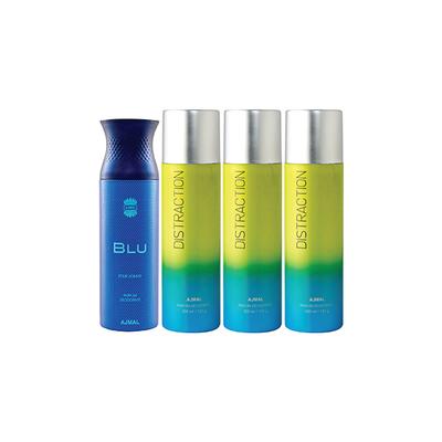 Ajmal 1 Blu Homme And 3 Distraction Deodorants Pack of 4 200 ml - Deodorants/Roll-Ons