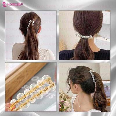 Majestique Stylish White Pearl Banana Clips Ponytail Holder Hair Clutchers For Women and Girls 2's - Hair Clips/Bands