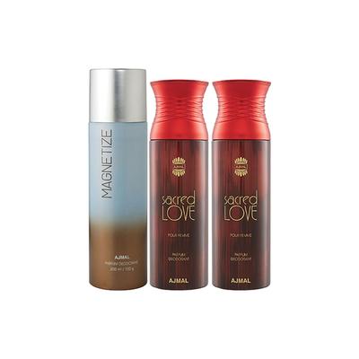 Ajmal 1 Magnetize And 2 Sacred Love Deodorants Pack of 3 200 ml - Deodorants/Roll-Ons