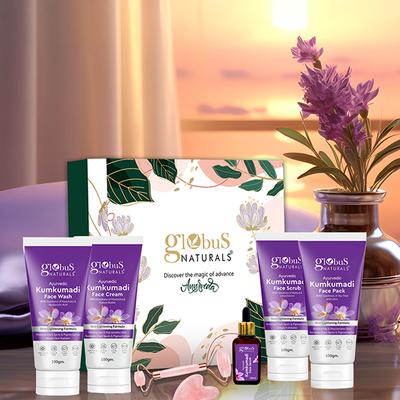 Globus Naturals Luxurious Kumkumadi Bliss Box, Box Includes - Kumkumadi Face Wash 100gm, Face Scrub 100gm, Face Cream 100gm, Face Pack 100gm, Face Serum 50ml and Jade Roller 1's - Creams, Lotions & Oils