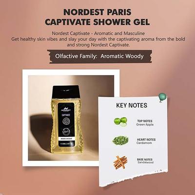 Nordest Paris Captivate Aromatic and Masculine Shower Gel - 3 In 1 Hair Body and Face Wash 250 ml - Shower Gels & Body Wash