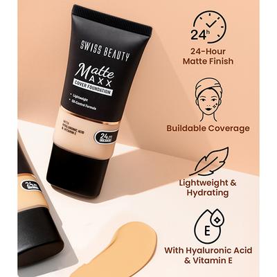 Swiss Beauty Matte Maxx Cover Foundation, 24- Hour Stay, with Hyaluronic Acid & Vitamin E, Oil-Control Formula 2- Ivory Cool 30 gm - Foundation