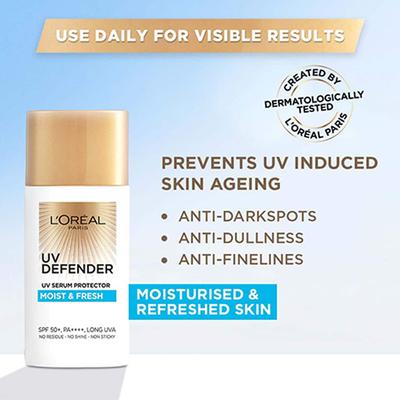 L'Oreal Paris Uv Defender Uv Serum Protector SPF 50+ Pa++++, Moist & Fresh 50 ml - Face Sunscreen