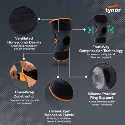 Tynor Knee Wrap (Neoprene) (UN) - Black & Green - Knee/Ankle/Leg/Foot Supports