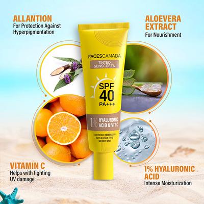 Faces Canada Tinted Sunscreen, SPF 40 PA+++, 1 Percent Hyaluronic Acid and Vitamin C, No White Cast 30 gm - Body Sunscreen