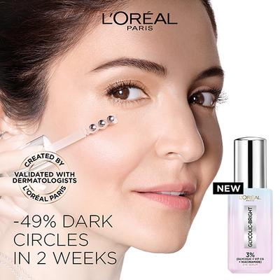 Loreal Paris Glycolic Bright Dark Circle Eye Serum with 3% (Glycolic + VIT CG + Niacinamide) 20 ml - Face Gels