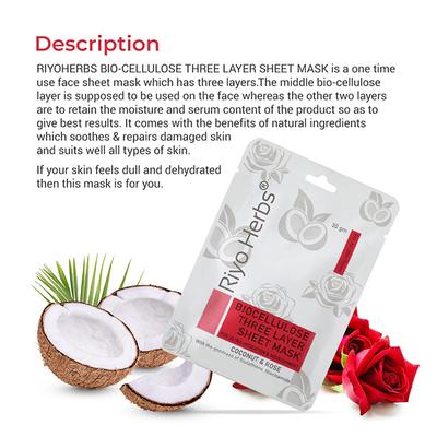 Riyo Herbs Bio Cellulose Three Layer Sheet Mask - Coconut & Rose 30 gm - Masks & Peels