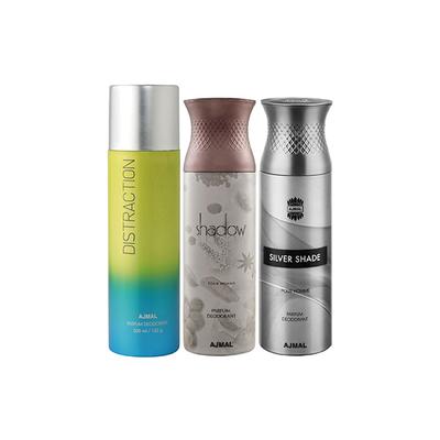 Ajmal 1 Distraction, 1 Ajmal Shadow Homme And 1 Silver Shade Deodorants Pack of 3 200 ml - Deodorants/Roll-Ons