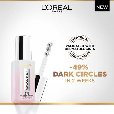 Loreal Paris Glycolic Bright Dark Circle Eye Serum with 3% (Glycolic + VIT CG + Niacinamide) 20 ml - Face Gels