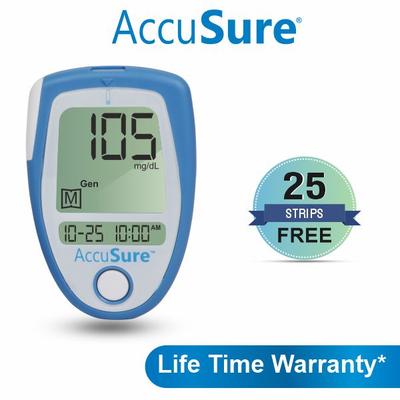 AccuSure Blue Gluco Meter with 25 Strips - Blood Glucose Monitors/Strips
