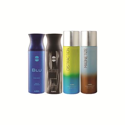 Ajmal 1 Blu Homme, 1 Carbon Homme, 1 Distraction And 1 Magnetize Deodorants Pack of 4 200 ml - Deodorants/Roll-Ons