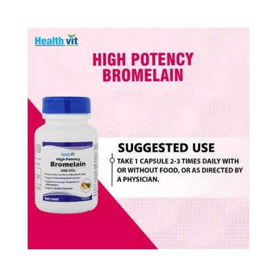 Healthvit High Potency Bromelain 3000 GDU/Gram Natural Supplement, Non-Synthetic, 500 mg- Capsules 60's - Herbal Dietary Supplement