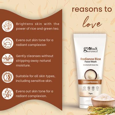 Globus Naturals Radiance Rice Face Wash, Enriched with Green Tea, for Skin Brightening, Suitable for All Skin Types, 75gm 75 gm - Face Wash & Cleansers
