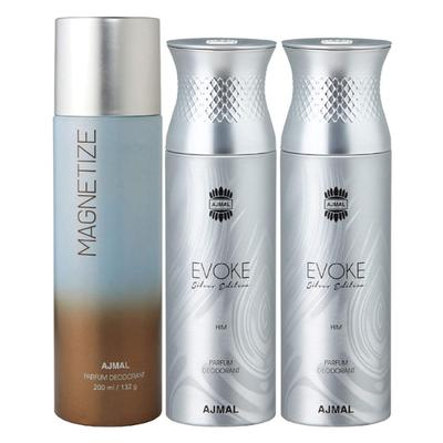 Ajmal 1 Magnetize For Men & Women And 2 Evoke Silver Edition For Him For Men High Quality Deodorants Combo (Pack Of 3) 600 ml - Perfumes (Edt/Edp)
