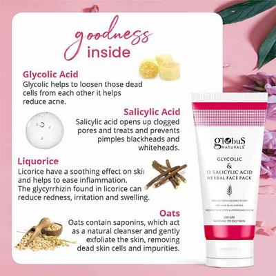 Globus Naturals Anti Acne Glycolic & 1 % Salicylic Acid Face Pack, for Acne Prone & Oily Skin 100 gm - Masks & Peels