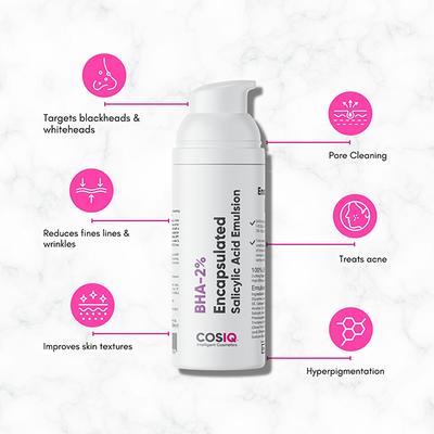 Cos-IQ BHA 2 percent Encapsulated Salicylic Acid Emulsion for Sensitive Skin Face Exfoliator for Blackheads Whiteheads 30 ml - Scrubs & Exfoliants