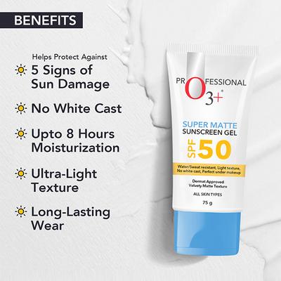 O3+ Super Matte Sunscreen SPF 50 PA ++++ Niacinamide & Hyaluronic Acid for Normal to Oily Skin 75 gm - Face Sunscreen