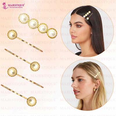 Majestique Stylish Pearl Golden Hair Pins, Metal Korean Fancy Accessories, Kids, Girls, Women 5's - Hair Clips/Bands