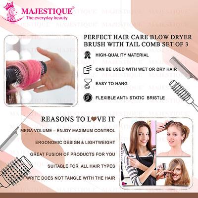 Majestique Two Blow Dry Hair Roller Brushes and Tail Comb, Blowout Hair Styling 3's - Hair Brushes