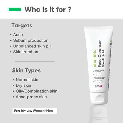 Cos-IQ AHA Glycolic Acid 10 percent Face Cleanser Face Wash For Acne and Pimple Glowing Skin for Unisex - 100 ml - Face Wash & Cleansers
