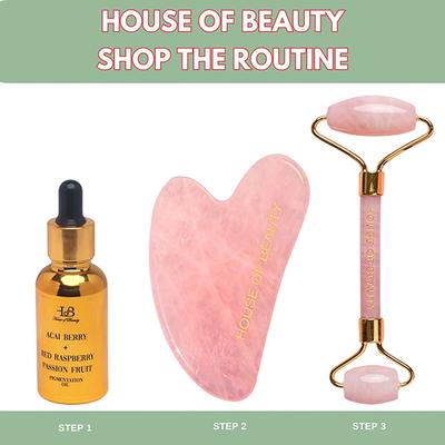 House of Beauty Rose Quartz Roller Kit For Toning, Tightening, Depuffing Face & Undereyes (3Pcs) 1's - Face Oils
