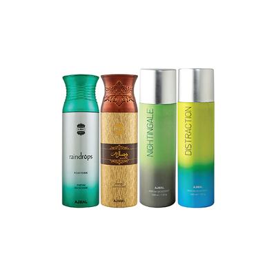 Ajmal 1 Raindrops Femme, 1 Wisal Dhahab, 1 Nightingale And 1 Distraction Deodorants Pack of 4 200 ml - Deodorants/Roll-Ons