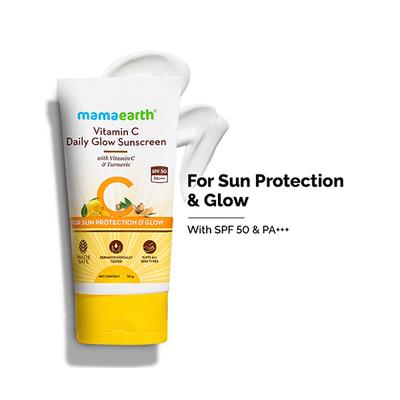 Mamaearth Vitamin C Daily glow Sunscreen with Vitamin C & Turmeric for Sun & Tan Protection & Glow SPF 50 PA++++ DERMATOLOGICALLY TESTED 50gm - Face Sunscreen