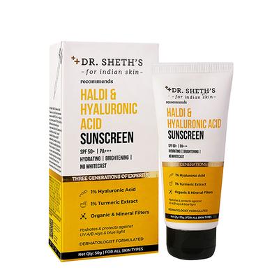 Dr. Sheth's Haldi and Hyaluronic Acid Sunscreen SPF 50+ PA+++ Hydrating Brightning No Whitecat 50gm - Face Sunscreen