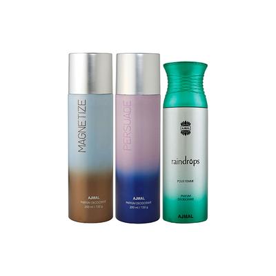 Ajmal Magnetize And Persuade For Men & Women And Raindrops Femme Deodorants Pack of 3 200 ml - Deodorants/Roll-Ons