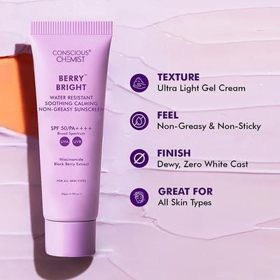 Conscious Chemist Berry Bright Sunscreen SPF 50 PA ++++ UVA/UVB Light weight Non-Greasy 20 g - Face Sunscreen