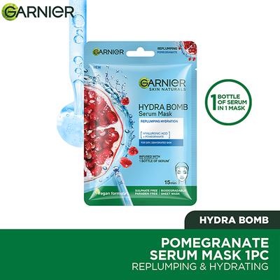 Garnier Skin Naturals, Hydra Bomb, Serum Mask Replumping Pomegranate For Dry , Dehydrated Skin 28gm - Sheet Masks