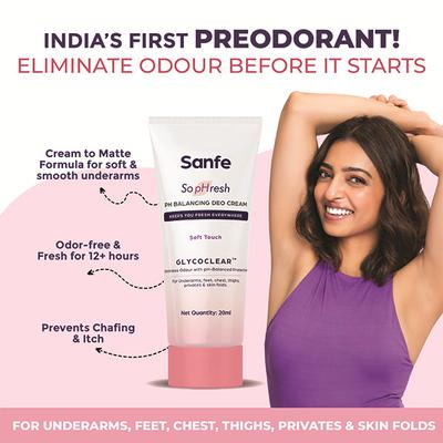 Sanfe So PHresh PH Balancing Deo Cream - Soft Touch for Underarms, Feet Intimates and Skin Folds 20 ml - Intimate Hygiene