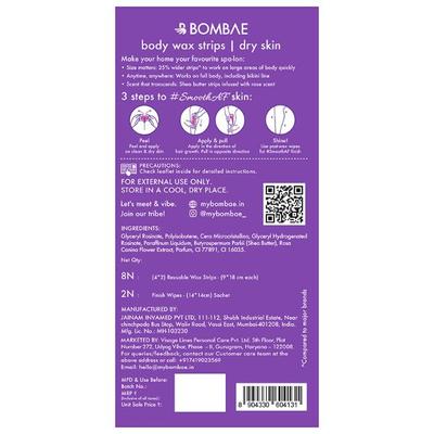 Bombae Body Wax Strips 8's - Aloe Vera + Post Wax Finish Wipes 2's - Shaving & Hair Removal