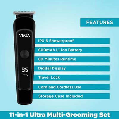 VEGA Men 11 in 1 Ultra Multi-Grooming Set with IPX 6 Showerproof Beard Hair Trimmer Nose Trimmer & Body Groomer And Shaver (VHTH-20) 1 gm - Trimmers