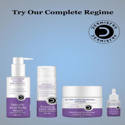 Dermistry Anti Acne 1% Salicylic Acid Body Wash 200 ml + Anti Acne Pits And Scar Remover Face Serum 30 ml - Lotions & Creams