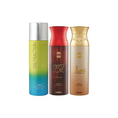 Ajmal 1 Distraction,1 Sacred Love And 1 Wisal Deodorants Pack of 3 200 ml - Deodorants/Roll-Ons
