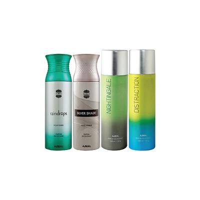 Ajmal 1 Raindrops Femme, 1 Silver Shade Homme, 1 Nightingale And 1 Distraction Deodorants Pack of 4 200 ml - Deodorants/Roll-Ons